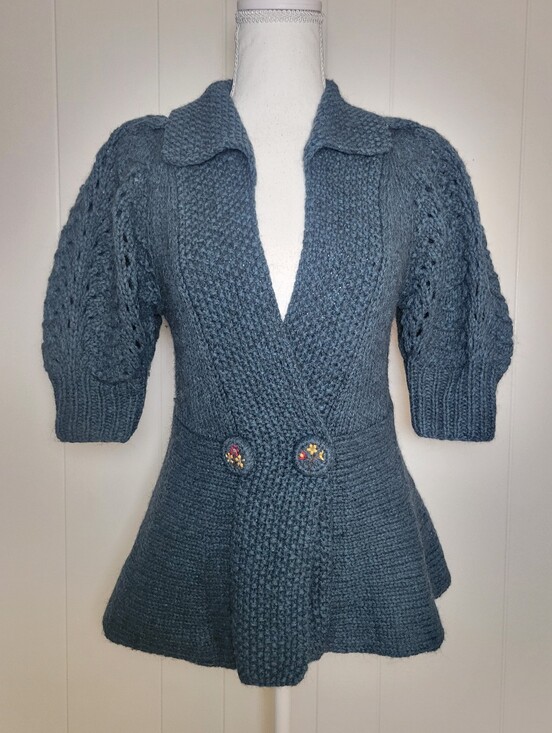 Anthropologie Sweaters - Anthropologie × Charlie & Robin Cardigan Wool Alpaca Crochet Puff Sleeve Teal SM
